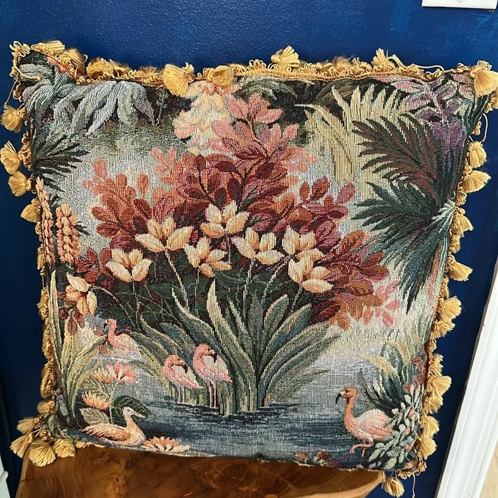 Vintage Set of 2 Floral French Tapestry Satin Back Throw Pillows with Fringe 20”